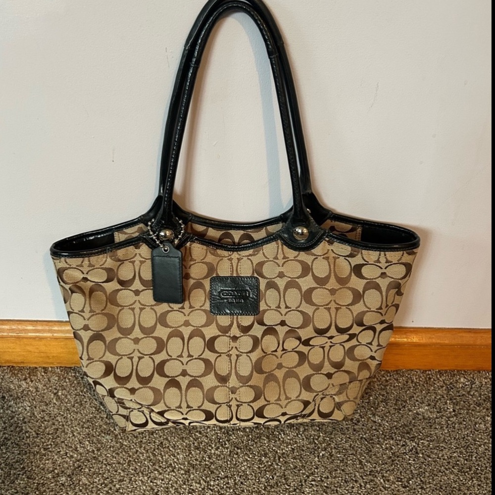 Coach Signature Jacquard "Bleecker" Tote, Tan/Brown, Leather Trim, EUC